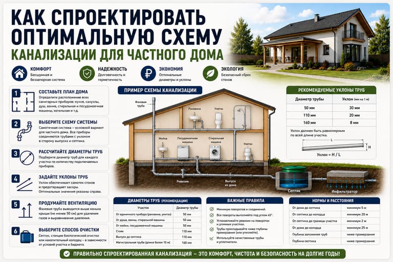 Схема канализации частного дома, внутренняя и внешняя разводка.